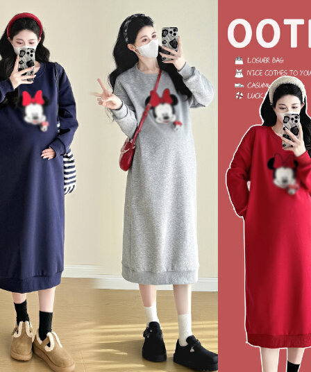 실사 임산부 후드티 조기 봄 가을 플러스 무릎 아래 롱 코트 임신 말기 루즈핏 만화 지방 mm 빅 사이즈 롱 스커트