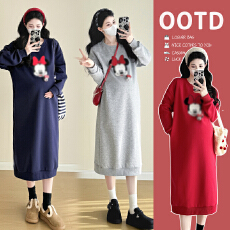 批发实拍孕妇卫衣早春秋加过膝长款孕晚期宽松卡通胖mm大码长裙