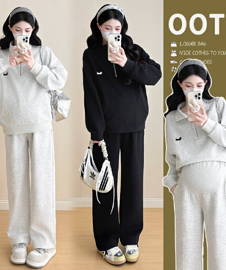 실사 비디오 2026 가을 새로운 하프 지퍼 폴로 칼라 닥스 훈트 자수 임산부 복부 지지 바지 임산부 투피스 세트