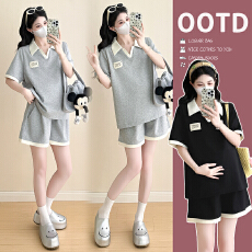 批发实拍 2026夏季新款宽松<b class='q'>百搭</b>孕妇套装撞色V领上衣托腹短裤两件套装