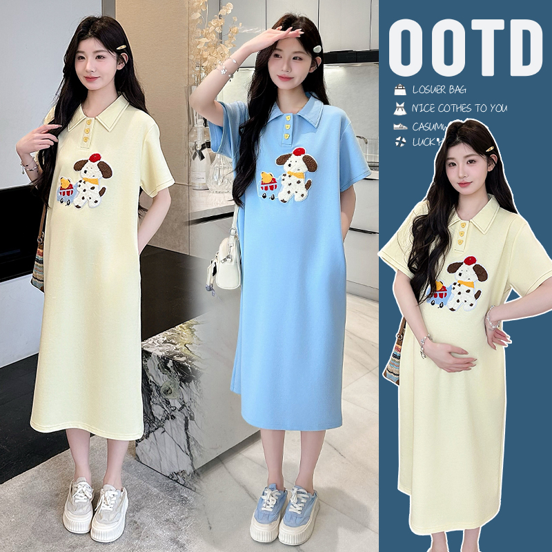 실사 지금 임산부 여름 드레스 206 새로운 패션 자수 POLO 칼라 외국 가스 세련된 강아지 드레스