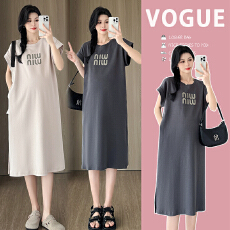 批发实拍现现2026<b class='q'>孕妇</b><b class='q'>新款</b>圆领字母短袖<b class='q'>T</b><b class='q'>恤</b>长裙子夏季宽松休闲连衣裙