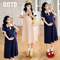 批发实拍现现撞色拉链polo领连衣裙孕妇2026夏季新品休闲宽松中长裙子