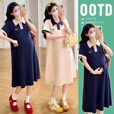 批发实拍现现撞色拉链polo领连衣裙孕妇2026夏季新品休闲宽松中长裙子