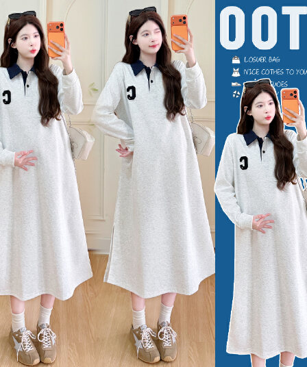 실사 지금 지금 2026 조기 가을 새로운 세련된 배색 POLO 칼라 중간 길이 폴로 칼라 후드티 미니멀리즘 드레스
