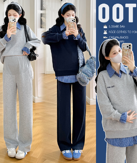 실사 작은 동영상 임산부 2026 조기 가을 새로운 패치워크 후드티 자수 알파벳 임산부 세트 투피스 세트