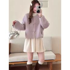 批发名媛小香风双面羊绒大衣女<b class='q'>短</b>款紫色小个子圆领茧型高端羊毛呢外套