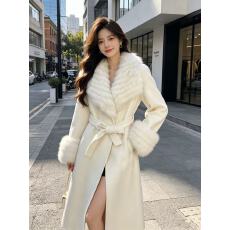 批发高级大狐狸毛领双面羊毛大衣女气质收腰系带韩系小个子毛呢外套