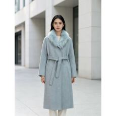 批发高级大狐狸毛领双面羊毛大衣女气质收腰系带韩系小个子毛呢外套