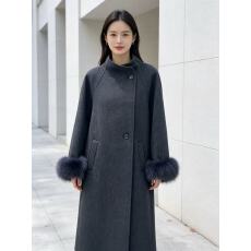 批发高级大狐狸毛领双面羊毛大衣女气质收腰系带韩系小个子毛呢外套