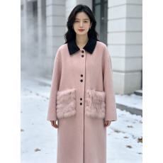 批发高级大狐狸毛领双面羊毛大衣女气质收腰系带韩系小个子毛呢外套