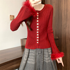 实拍实价 新款小香风毛毛袖圆领针织衫