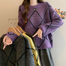 批发实拍实价 新款韩版菱格套头软糯毛衣针织衫