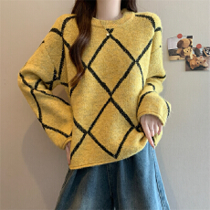 批发实拍实价 新款韩版菱格套头软糯毛衣针织衫
