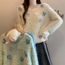 实拍实价 新款温柔风立体花朵软糯针织衫毛衣