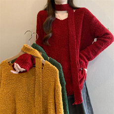 批发实拍实价 新款慵懒风v领挂脖设计感毛衣