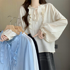 批发实拍实价 新款法式木耳边灯笼袖立领衬衫