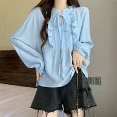 批发实拍实价 新款法式木耳边灯笼袖立领衬衫