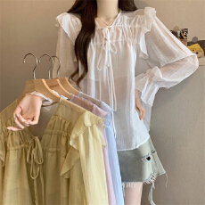 批发实拍实价 新款韩系荷叶边系带喇叭袖防晒衬衫