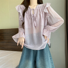 批发实拍实价 新款韩系荷叶边系带喇叭袖防晒衬衫