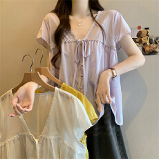 批发实拍实价 新款设计感V领正肩短袖衬衫娃娃衫