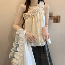 批发实拍实价 新款度假风立体花朵斜肩花苞衬衫