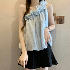 批发实拍实价 新款度假风立体花朵斜肩花苞衬衫