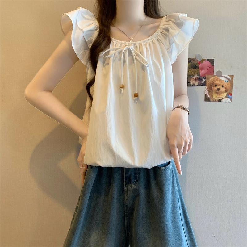 실사 정가 새로운 프랑스식 광장 칼라 레이스업 거품 소매 셔츠