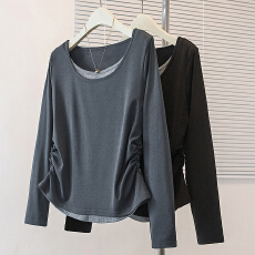 批发实拍大码女装韩版圆领假两件长袖上衣女胖mm收腰显瘦遮肉百搭t恤