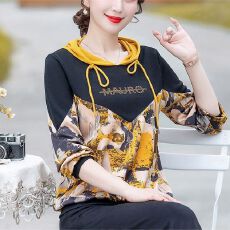 批发秋季长袖女式卫衣洋气减龄连帽印花烫钻时尚拼接宽松休闲上衣女装