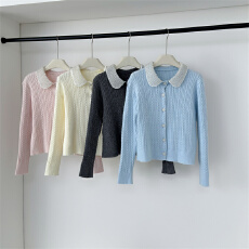 批发2025秋冬小香风法式精致钉珠娃娃领<b class='q'>针织衫</b>时尚绞花减龄蓝色上衣