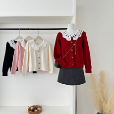 批发法式蕾丝娃娃领拼接毛衣开衫女秋季软糯绵羊毛<b class='q'>针织衫</b>高级感短外套