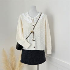 批发法式<b class='q'>蕾丝</b>娃娃领拼接毛衣开衫女秋季软糯绵羊毛针织衫高级感短外套