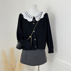 批发法式<b class='q'>蕾丝</b>娃娃领拼接毛衣开衫女秋季软糯绵羊毛针织衫高级感短外套