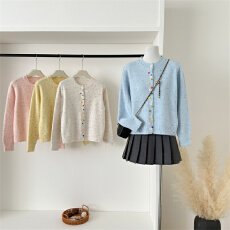 批发韩系复古彩色纽扣圆领百搭毛衣开衫女<b class='q'>春秋</b>宽松慵懒风软糯针织外套