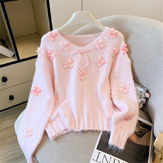 批发温柔风甜美v领立体蝴蝶粉色羊毛软糯针织衫毛衣2025女秋冬季新款