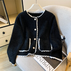 韩版蕾丝拼接短外套女士秋季2025新款小个子仿水貂绒针织开衫上衣