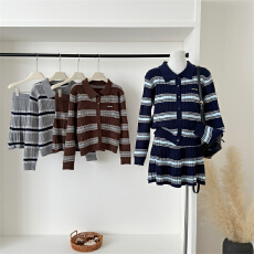 批发韩系<b class='q'>休闲</b>条纹针织<b class='q'>套装</b>女25秋冬新款polo针织开衫半身裙毛衣两件套