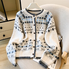 批发慵懒风费尔岛提花毛衣女2025春秋新款减龄圆领针织开衫单排扣外套