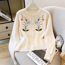 2025秋冬季新款时尚设计感花朵刺绣针织开衫毛衣女装独特漂亮上衣