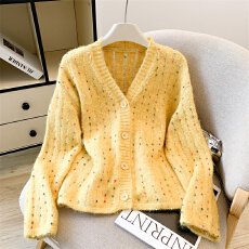 批发韩系慵懒V领软糯彩点针织开衫女秋冬大码<b class='q'>胖</b><b class='q'>mm</b>宽松高级感毛衣外套