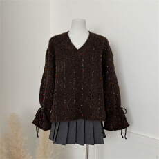 彩点V领针织衫毛衣女春秋新款大码胖mm显瘦宽松法式喇叭长袖上衣
