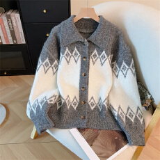 批发2025韩国<b class='q'>东大门</b><b class='q'>代购</b> 冬季新款翻领含羊毛菱格提花长袖开衫女