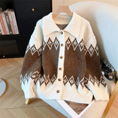 批发2025韩国<b class='q'>东大门</b><b class='q'>代购</b> 冬季新款翻领含羊毛菱格提花长袖开衫女