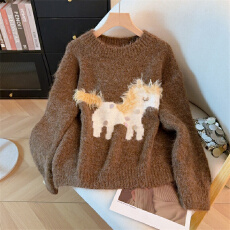 批发慵懒风减龄卡通提花毛衣<b class='q'>女</b>秋冬大码胖妹妹时尚百搭显瘦宽松<b class='q'>针织衫</b>