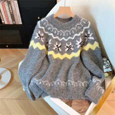 费尔岛红色毛衣女秋冬2025新款慵懒高级感宽松加厚长袖针织衫上衣