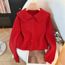 批发温柔风奶fufu甜美软糯翻领娃娃领重工拼接蕾丝针织开衫毛衣外套女