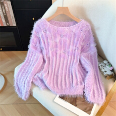 批发法式甜美重工钉珠花朵毛针织衫女2025年秋装<b class='q'>新款</b>宽松勾花镂空毛衣