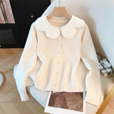 新年气质红色蕾丝拼接娃娃领毛衣开衫女秋冬新款宽松保暖针织上衣