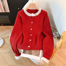 批发韩系蕾丝钉珠花边红色毛衣上衣冬季新款<b class='q'>大码</b><b class='q'>女</b>装胖mm甜美针织<b class='q'>外套</b>